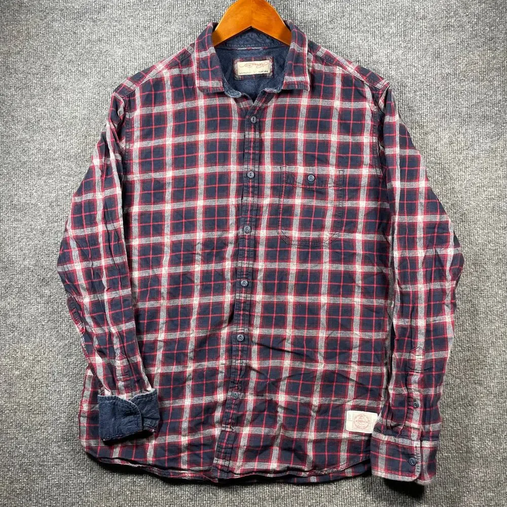 Ed Hardy Casual Button Up Shirt Men's Large Blue/Red Plaid Flip Cuff Outdoors